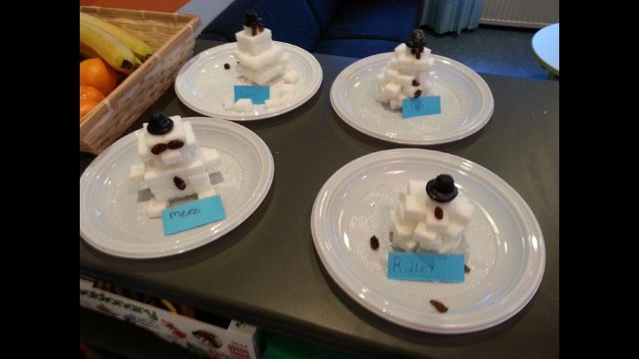 Het resultaat: een stel prachtige sneeuwmannetjes! 