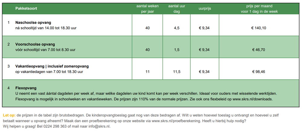 Prijsoverzicht bso 2026